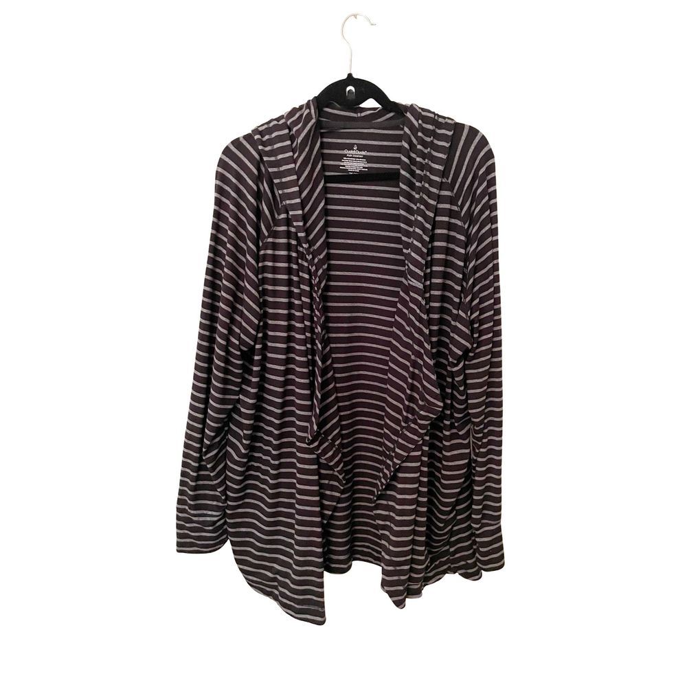 Cuddl Duds Flexwear Jersey Knit Hoodie Wrap Cardigan Black Grey‎ Stripe  2X 3X